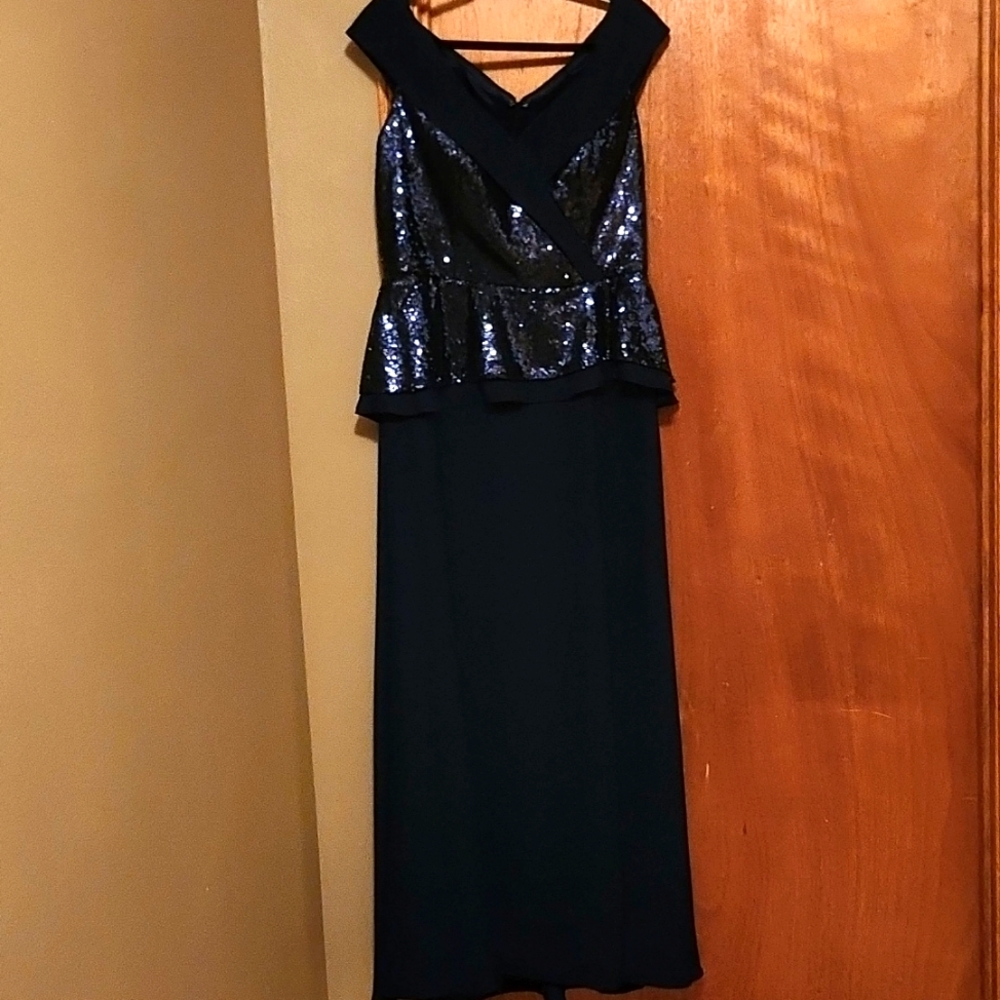 Navy Blue, size 10 beaded, long dress, off the shoulder. Jade Couture.